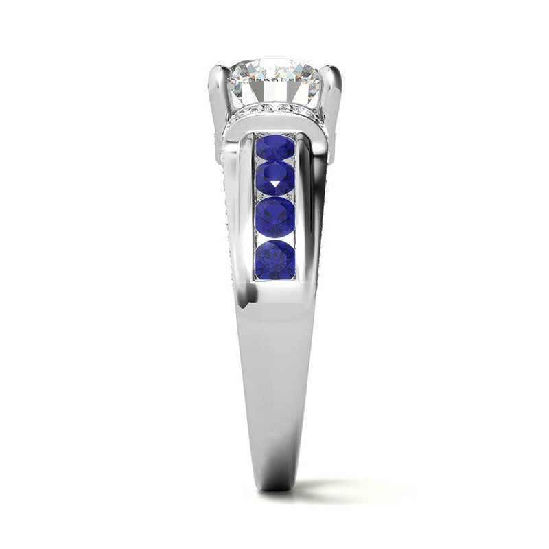 Moissanite With Channel Set Sapphire Accents Engagement Ring
