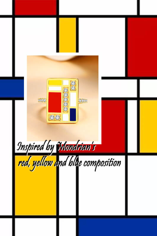 Mondrian "Famous Paintings" Inspired Moissanite Enamel Engagement Ring