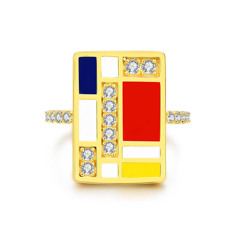 Mondrian "Famous Paintings" Inspired Moissanite Enamel Engagement Ring