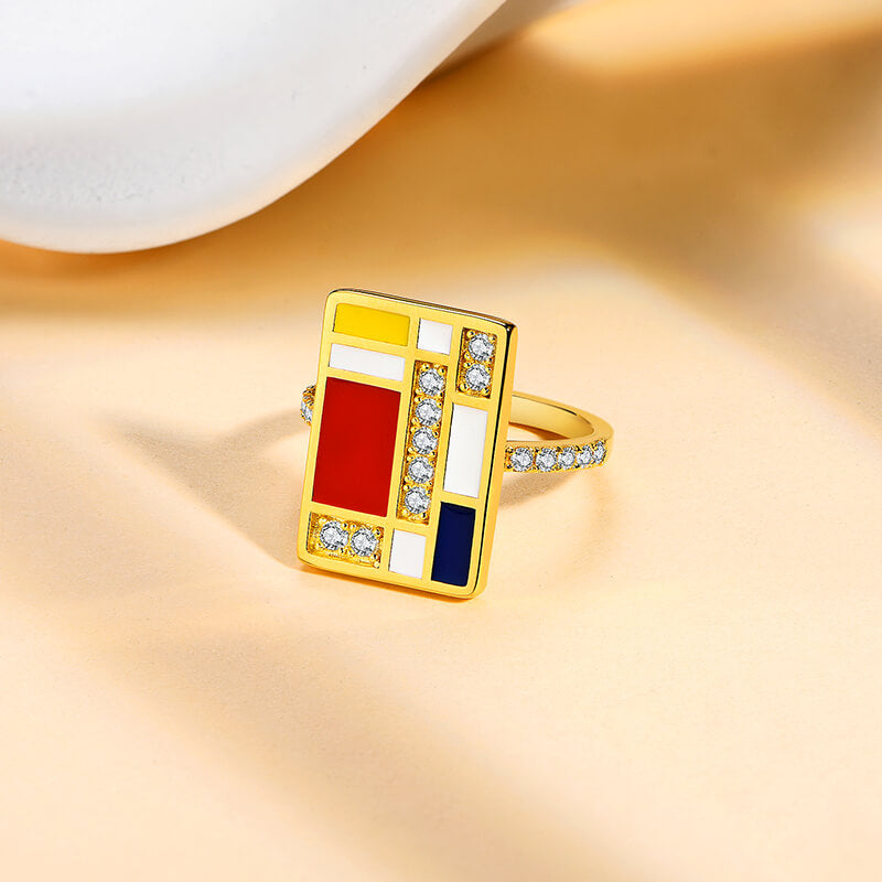Mondrian "Famous Paintings" Inspired Moissanite Enamel Engagement Ring