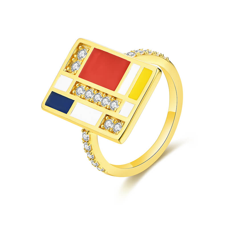 Mondrian "Famous Paintings" Inspired Moissanite Enamel Engagement Ring