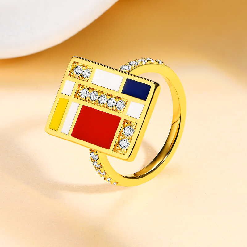 Mondrian "Famous Paintings" Inspired Moissanite Enamel Engagement Ring