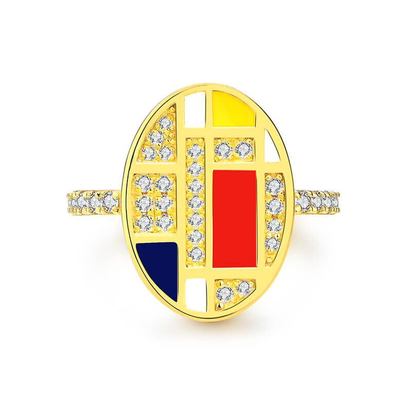 Mondrian "Famous Paintings" Inspired Moissanite Enamel Engagement Ring