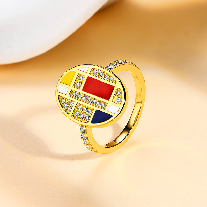 Mondrian "Famous Paintings" Inspired Moissanite Enamel Engagement Ring