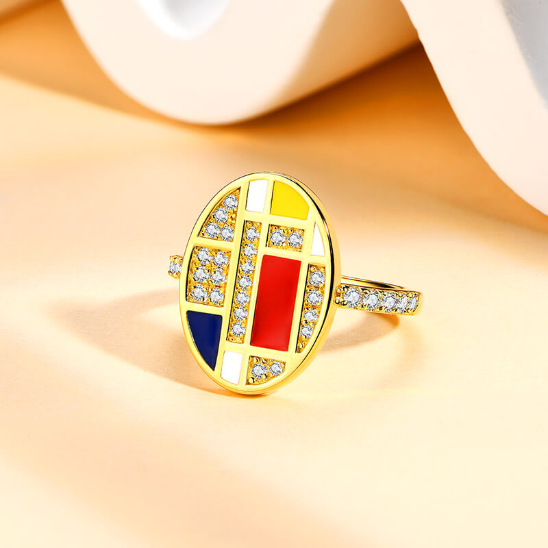 Mondrian "Famous Paintings" Inspired Moissanite Enamel Engagement Ring
