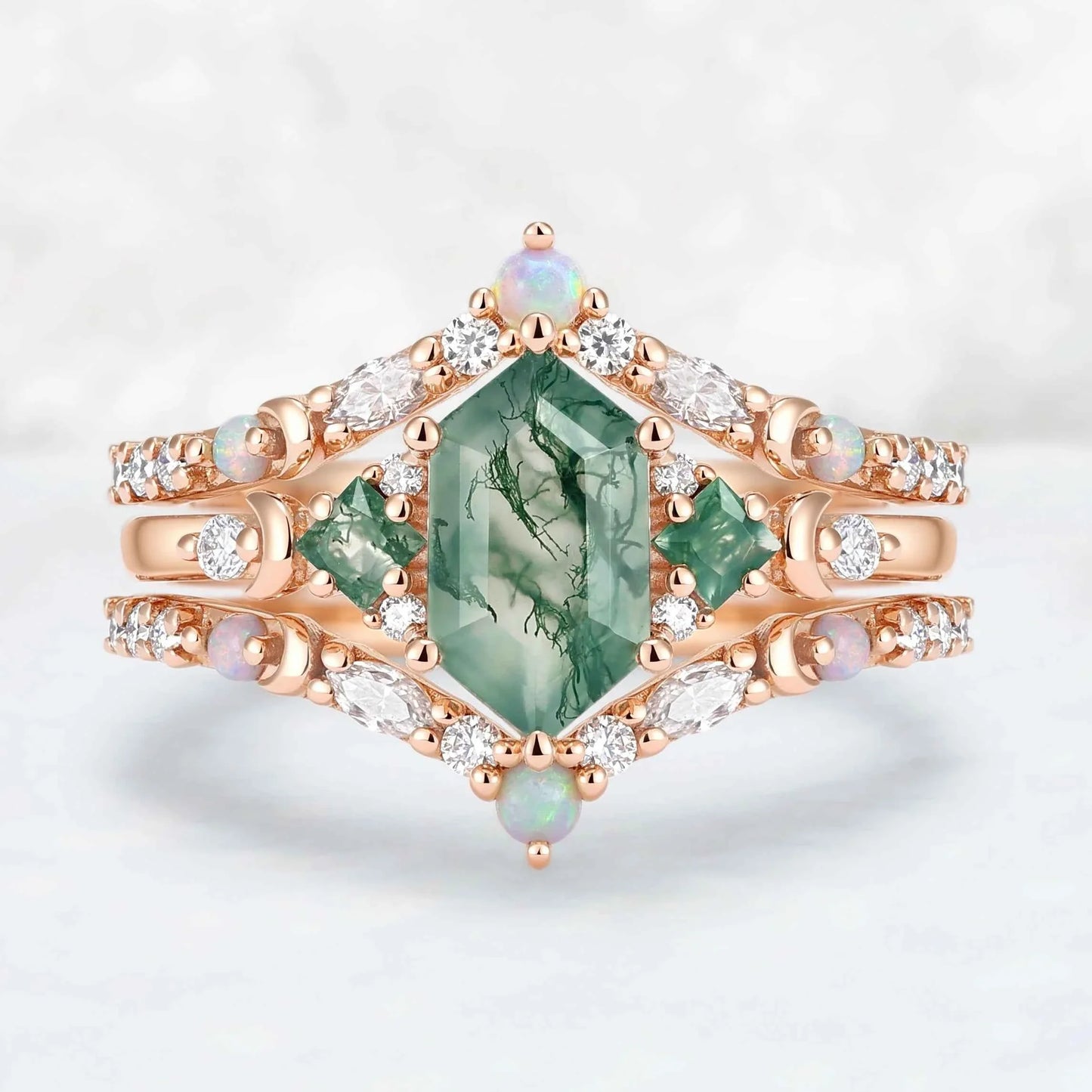 Moon Inspired Hexagon Cut Moss Agate Enhancer Ring Set