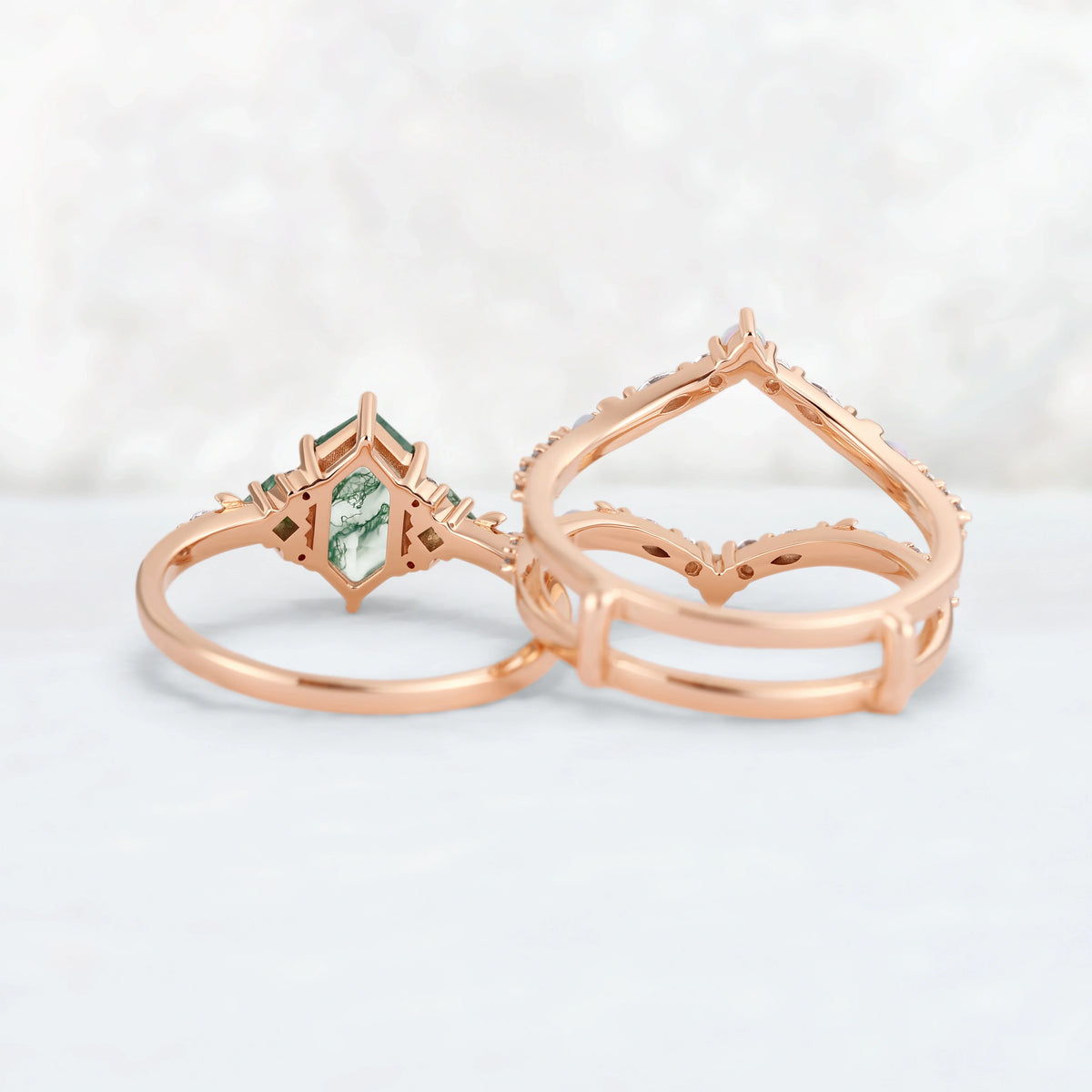 Moon Inspired Hexagon Cut Moss Agate Enhancer Ring Set
