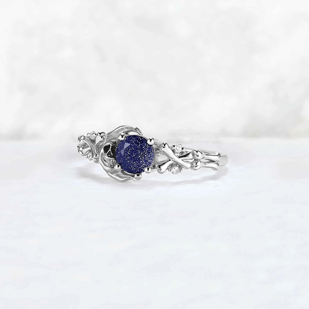Moon Skeletons & Skull Round Cut Blue Sandstone Silver Gemstone Ring