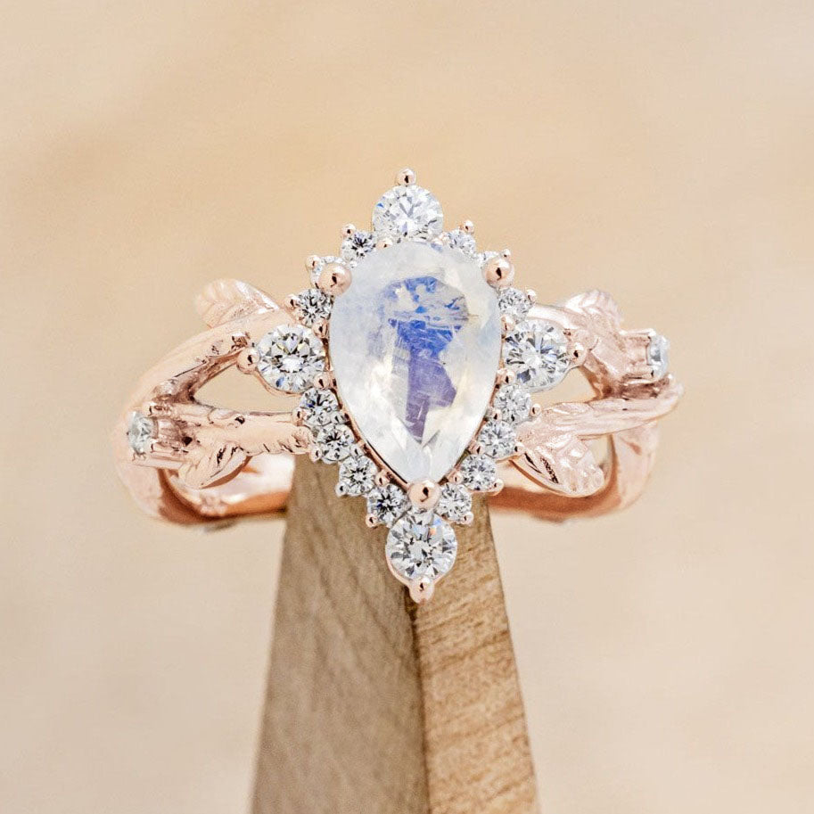 "Artemis On The Vine Divine" - Moonstone Engagement Ring With Diamond Accents & A Branch-Style Band