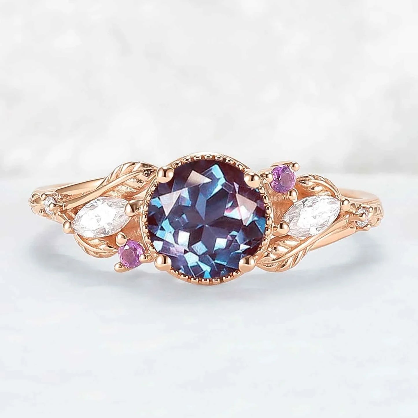 Moonvine Round Cut Alexandrite Leafy Engagement Ring