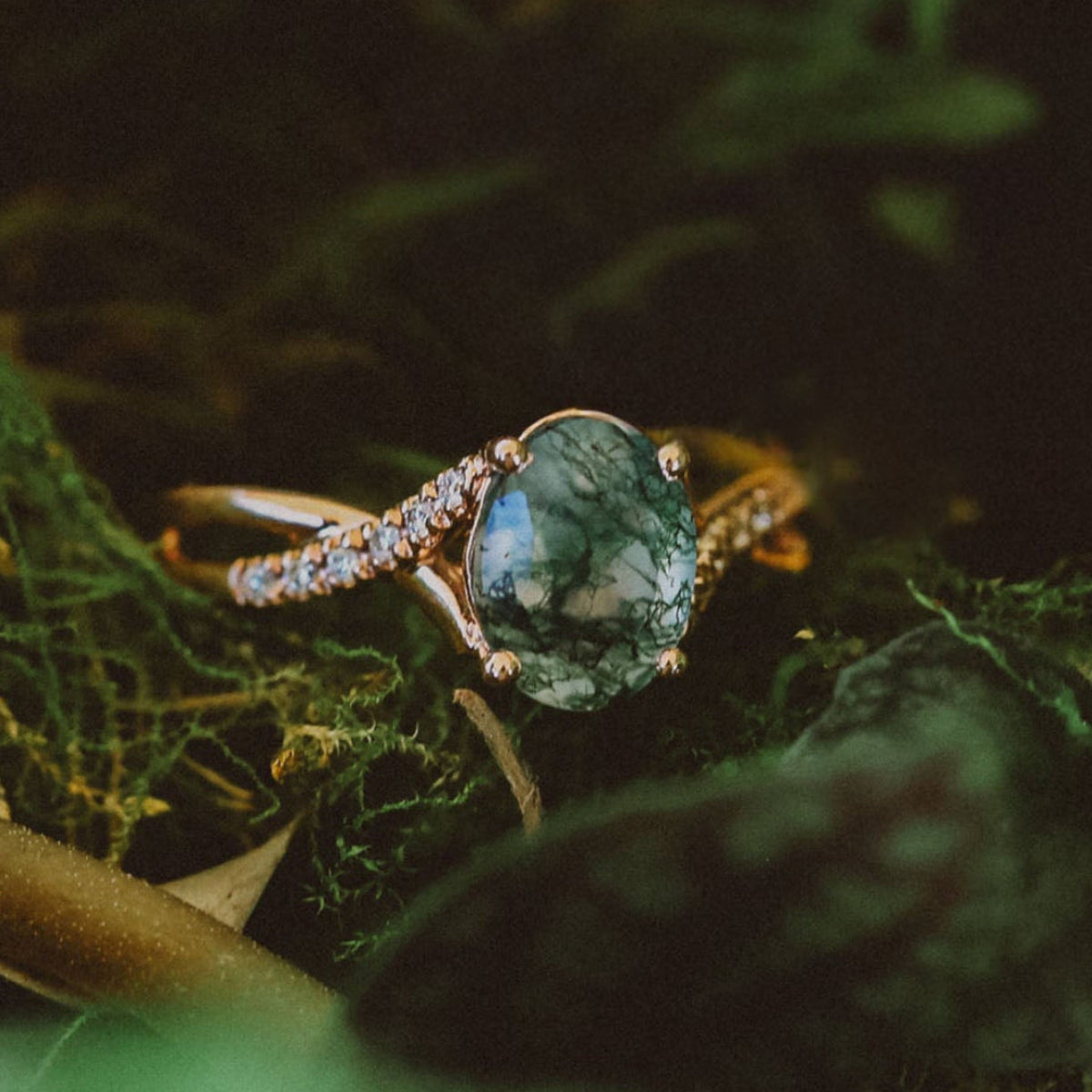 "Roslyn" - Oval Cut Moss Agate Engagement Ring With Diamond Accents