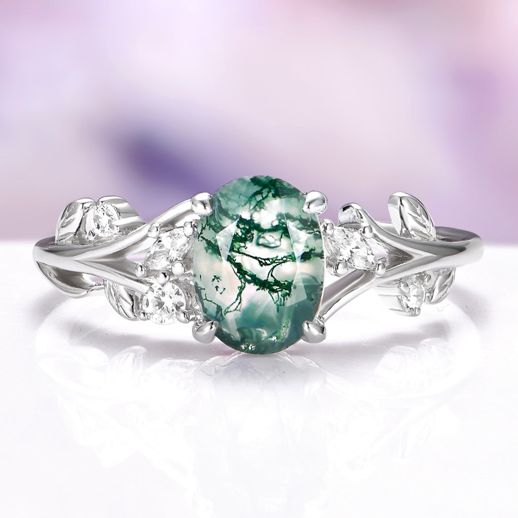 Moss Agate Botanical Leaf Ring in Sterling Silver
