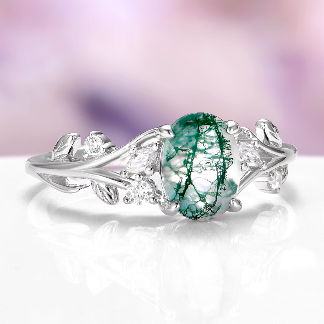 Moss Agate Nature Inspired Leaf Engagement Ring in 14K White Gold