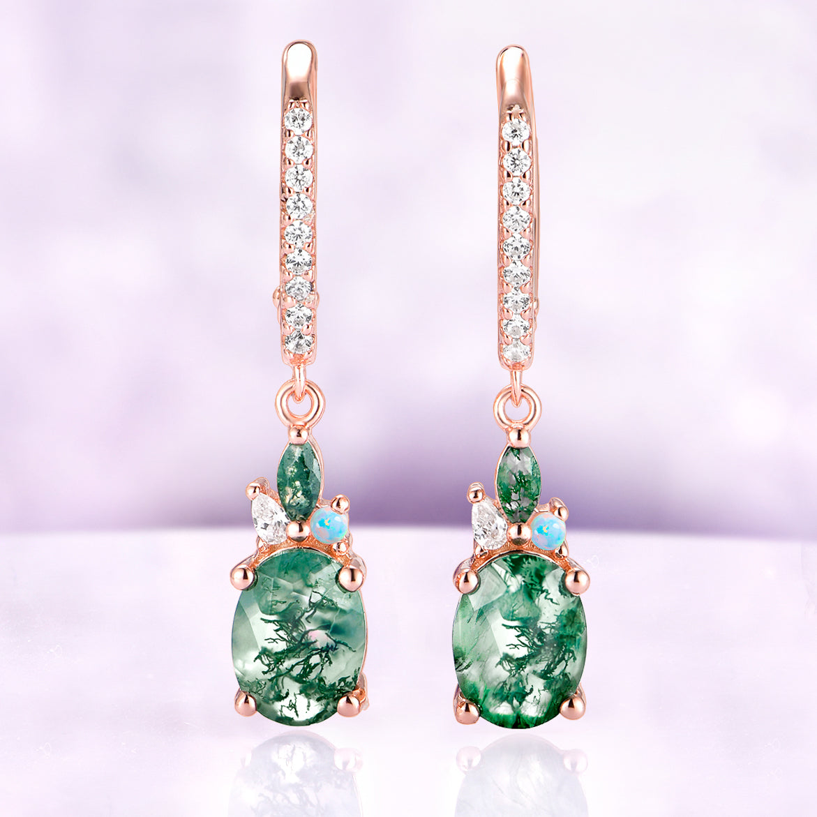Moss Agate & Fire Opal Drop Earrings in 14K Rose Gold Vermeil