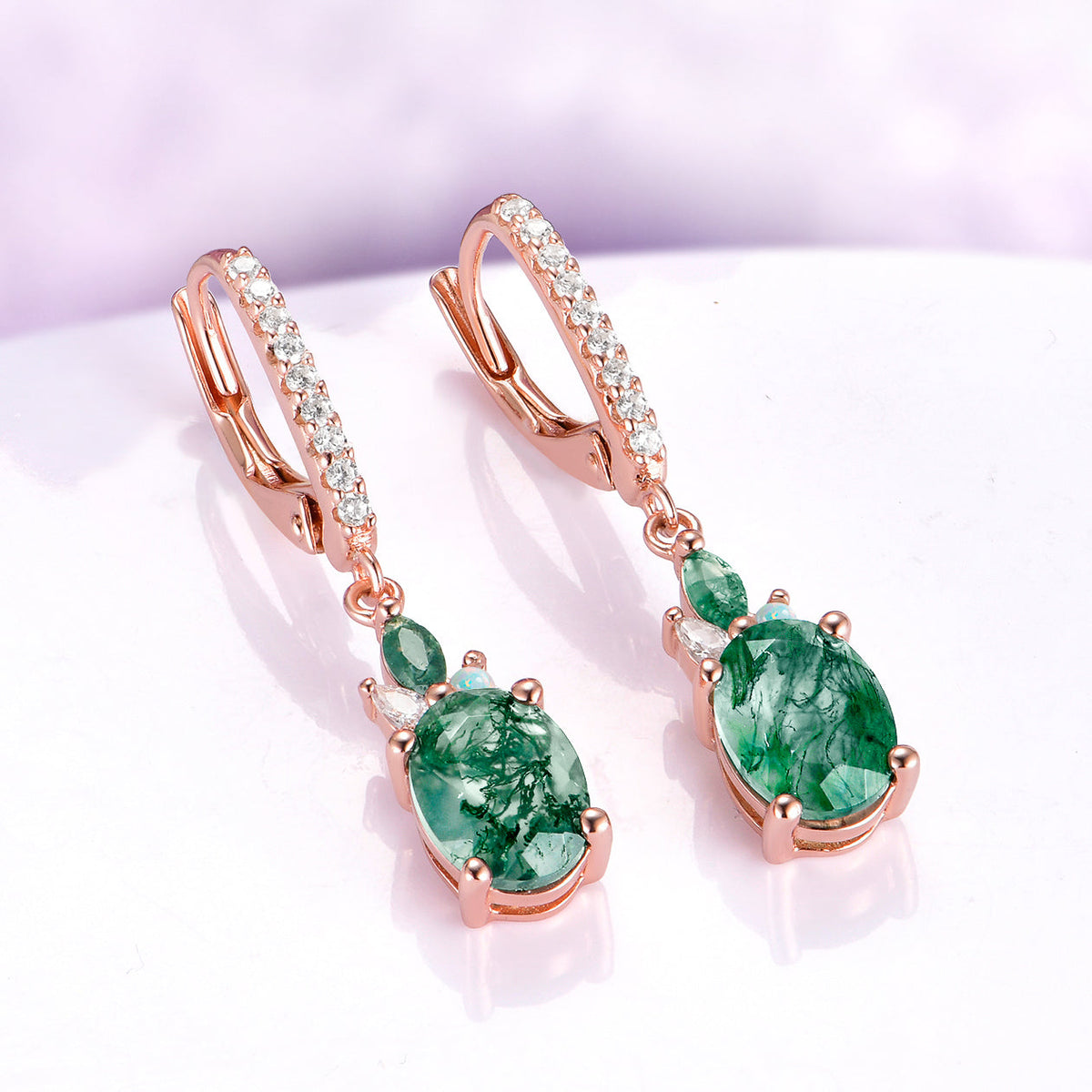 Moss Agate & Fire Opal Drop Earrings in 14K Rose Gold Vermeil