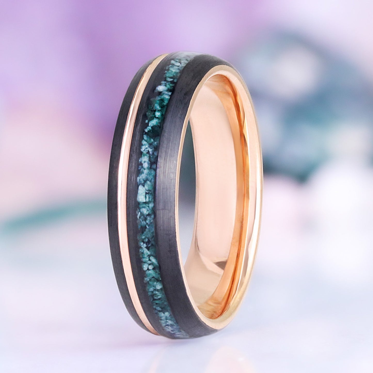 Moss Agate Wedding Band Two-Tone Black Rose Gold Tungsten (6mm)