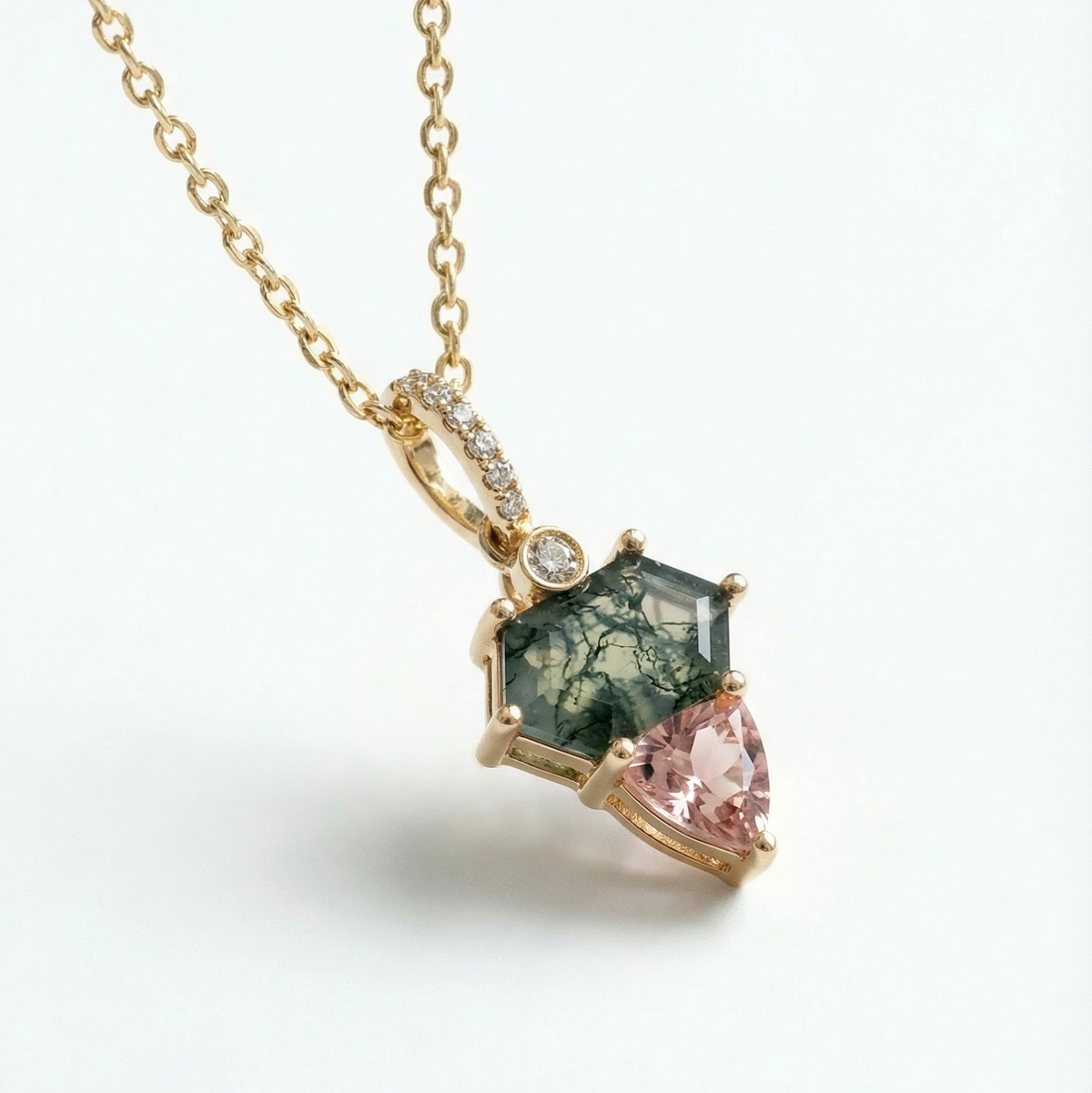 Moss Agate and Morganite Necklace with Diamond Accents | 14K Yellow Gold | 18" Chain