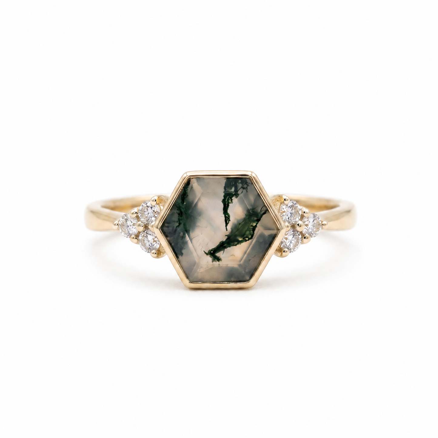 Hexagon Moss Agate Ring | 14K Yellow Gold