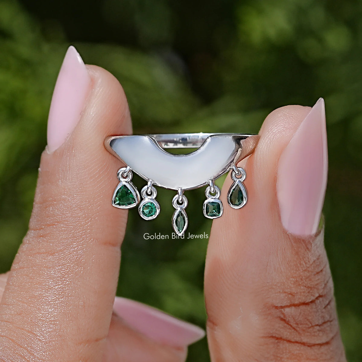 Multi Shape Gemstone Curved Bezel Set Engagement Ring