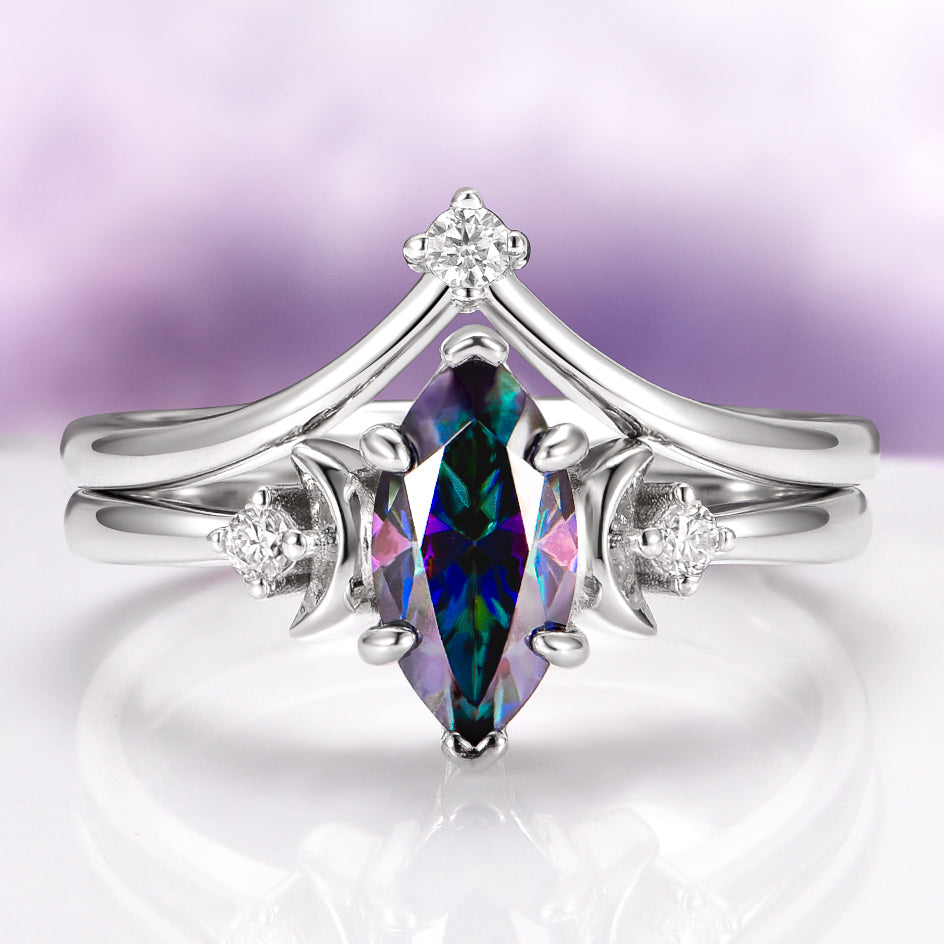 Mystic Moissanite Crescent Moon Ring Set in Sterling Silver