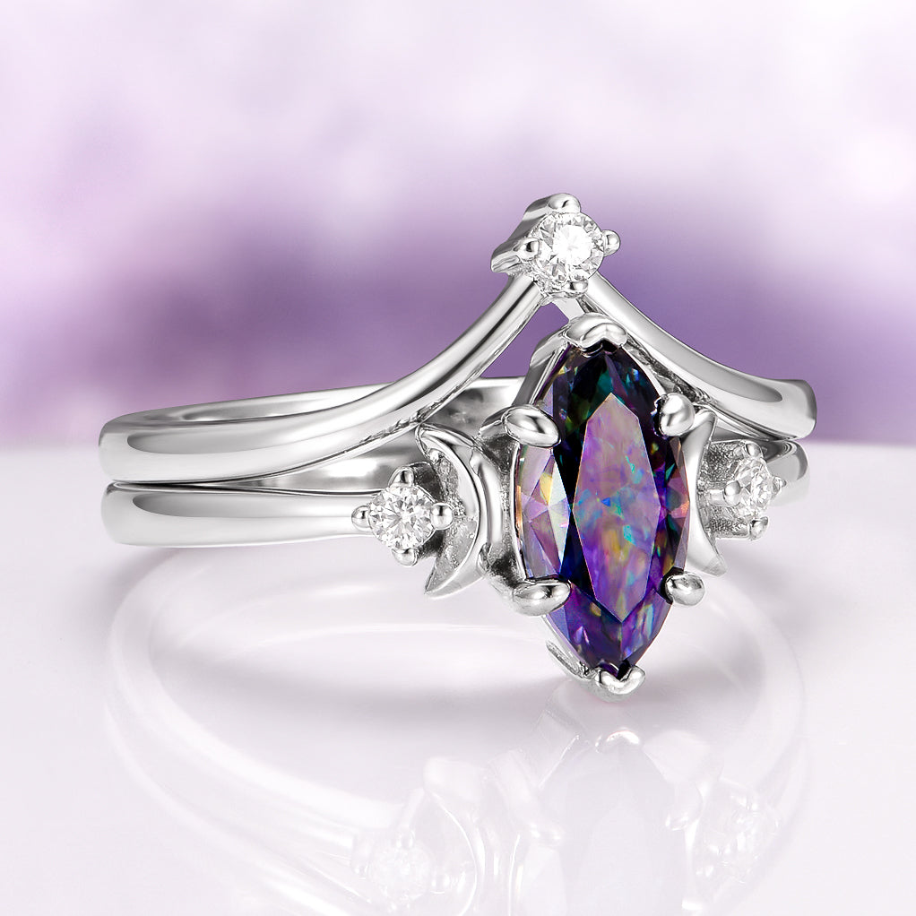 Mystic Moissanite Crescent Moon Ring Set in Sterling Silver