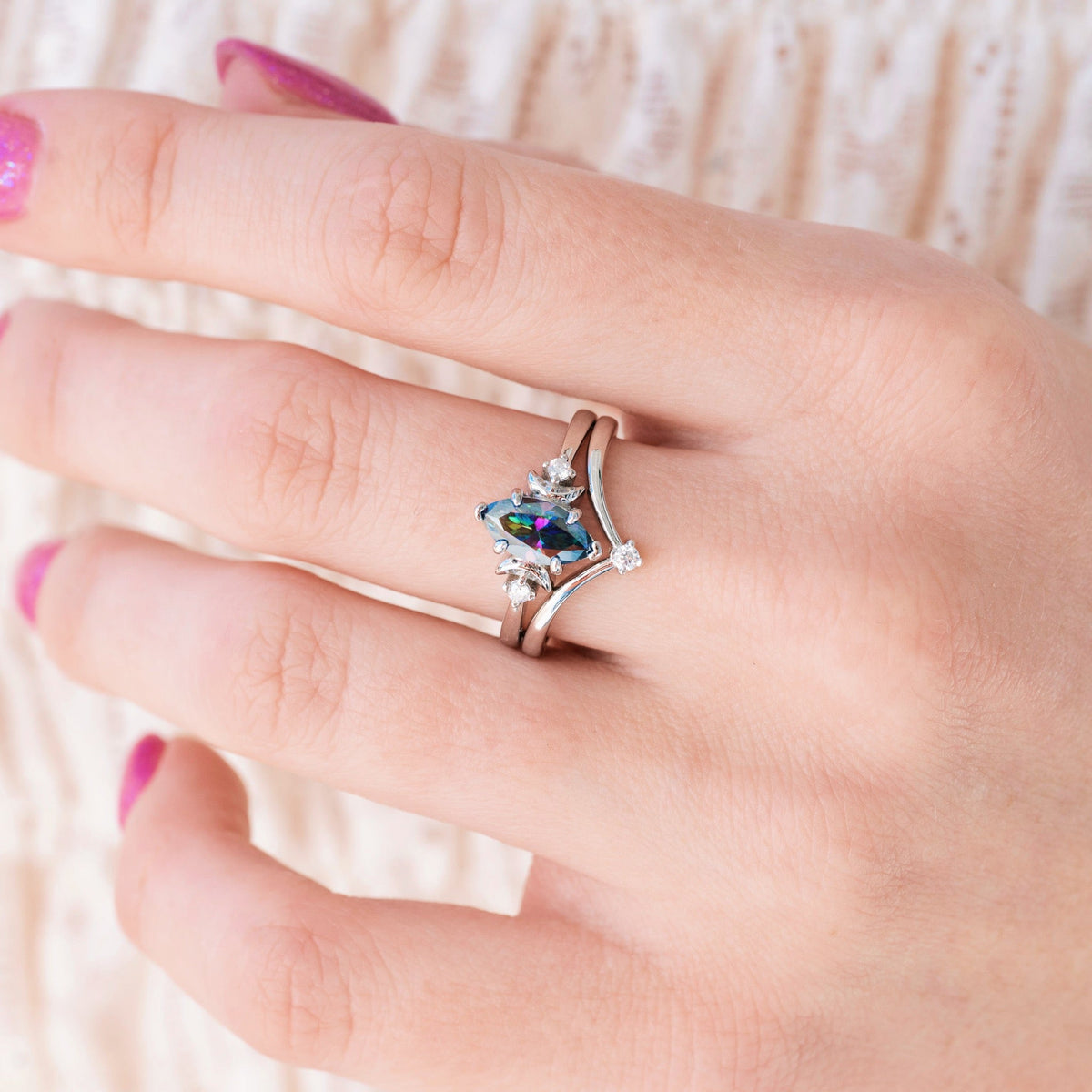 Mystic Moissanite Crescent Moon Ring Set in Sterling Silver