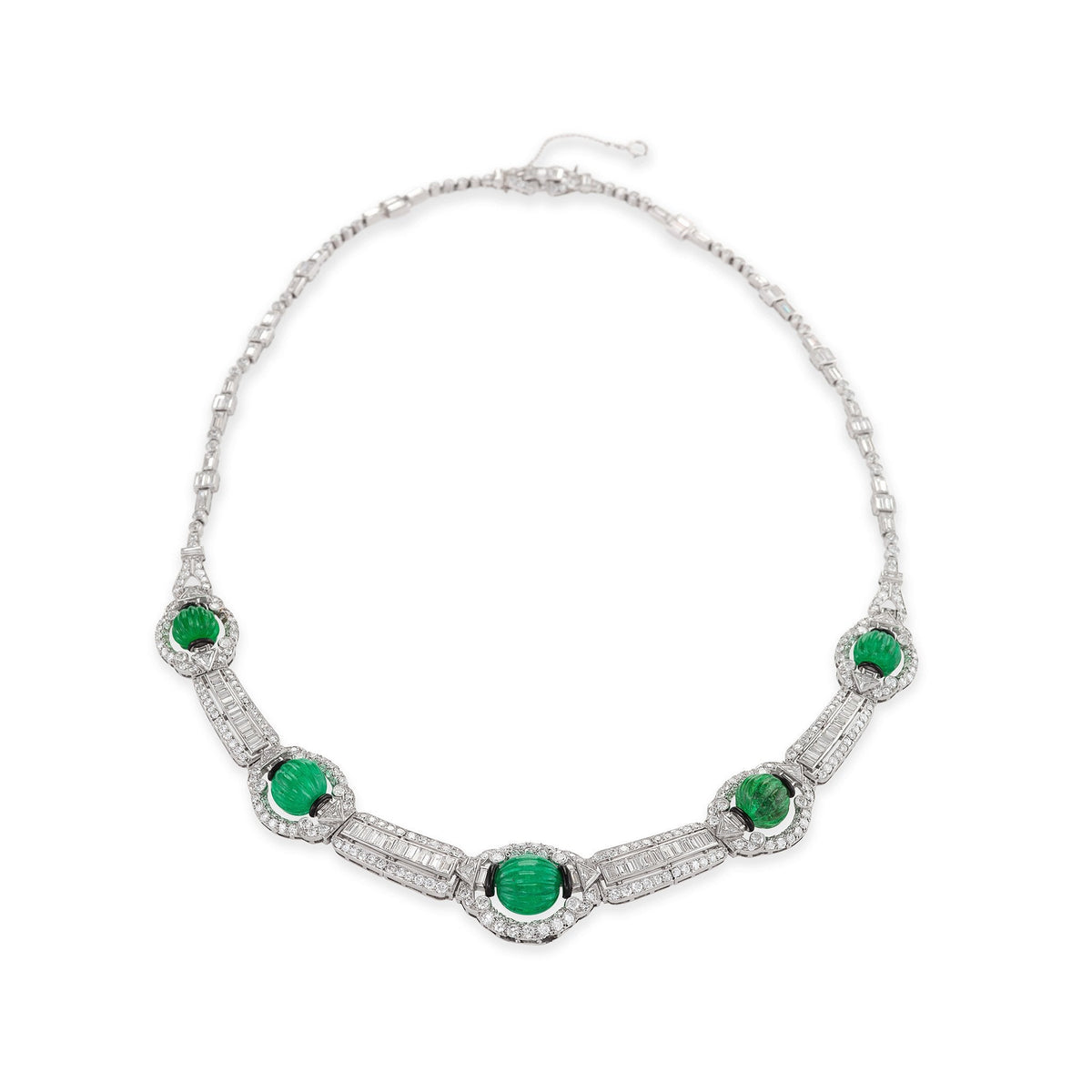 Carved Emerald Bead and Diamond Collar Necklace