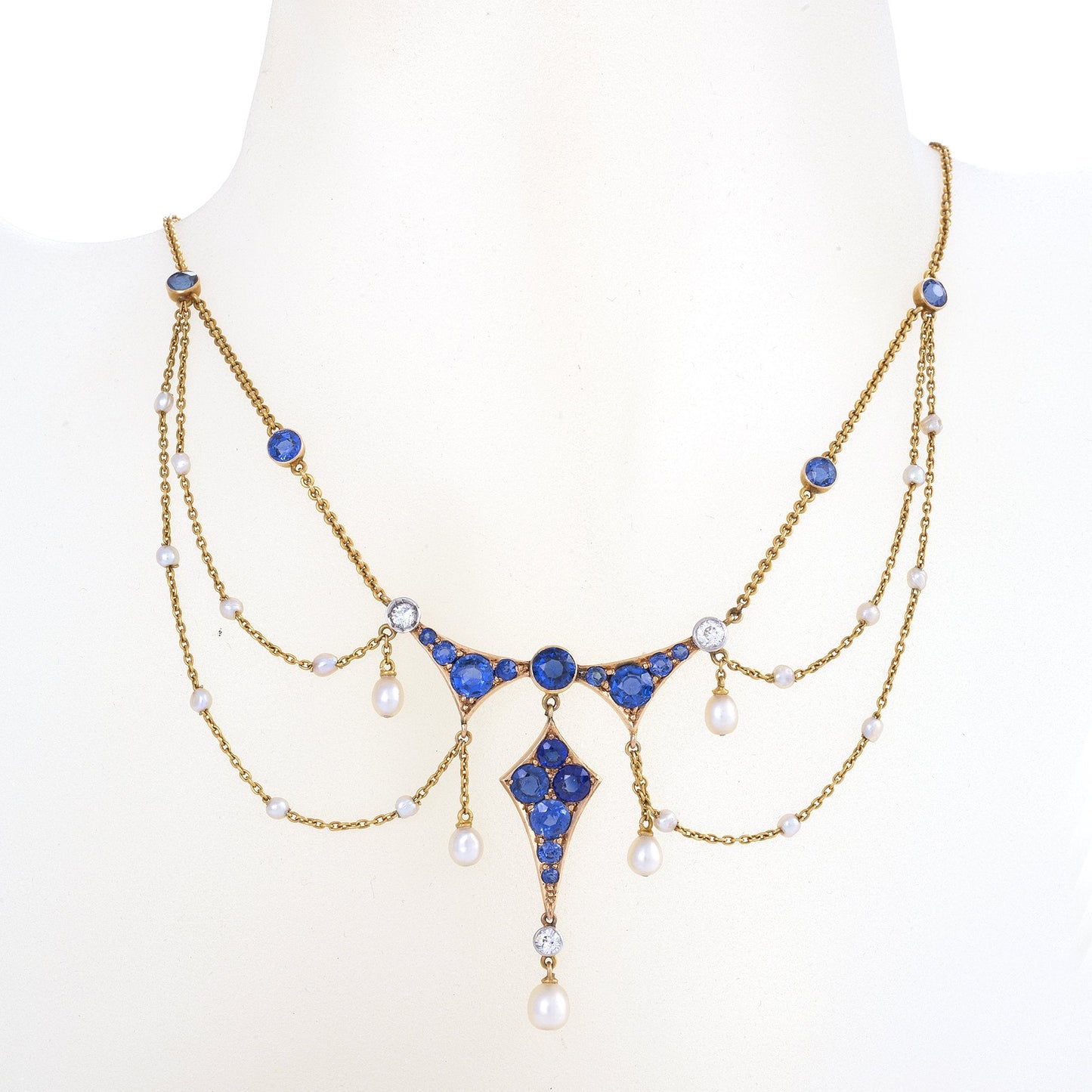 Montana Sapphire, Seed Pearl and Diamond Garland Necklace