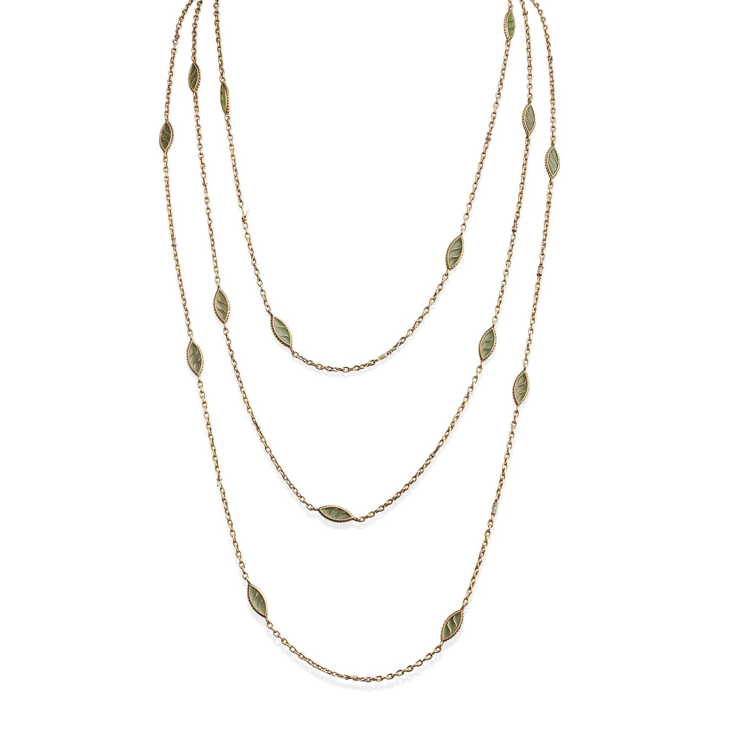 French Art Nouveau 18K Gold and Plique-à-jour Enamel Longchain Necklace