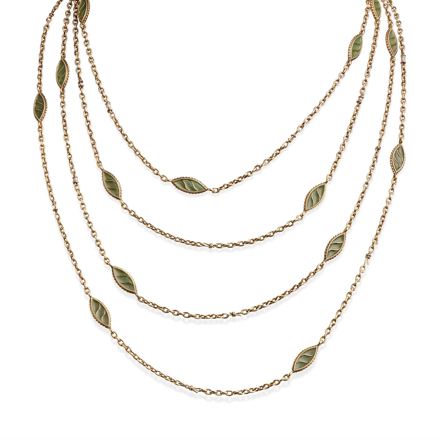 French Art Nouveau 18K Gold and Plique-à-jour Enamel Longchain Necklace