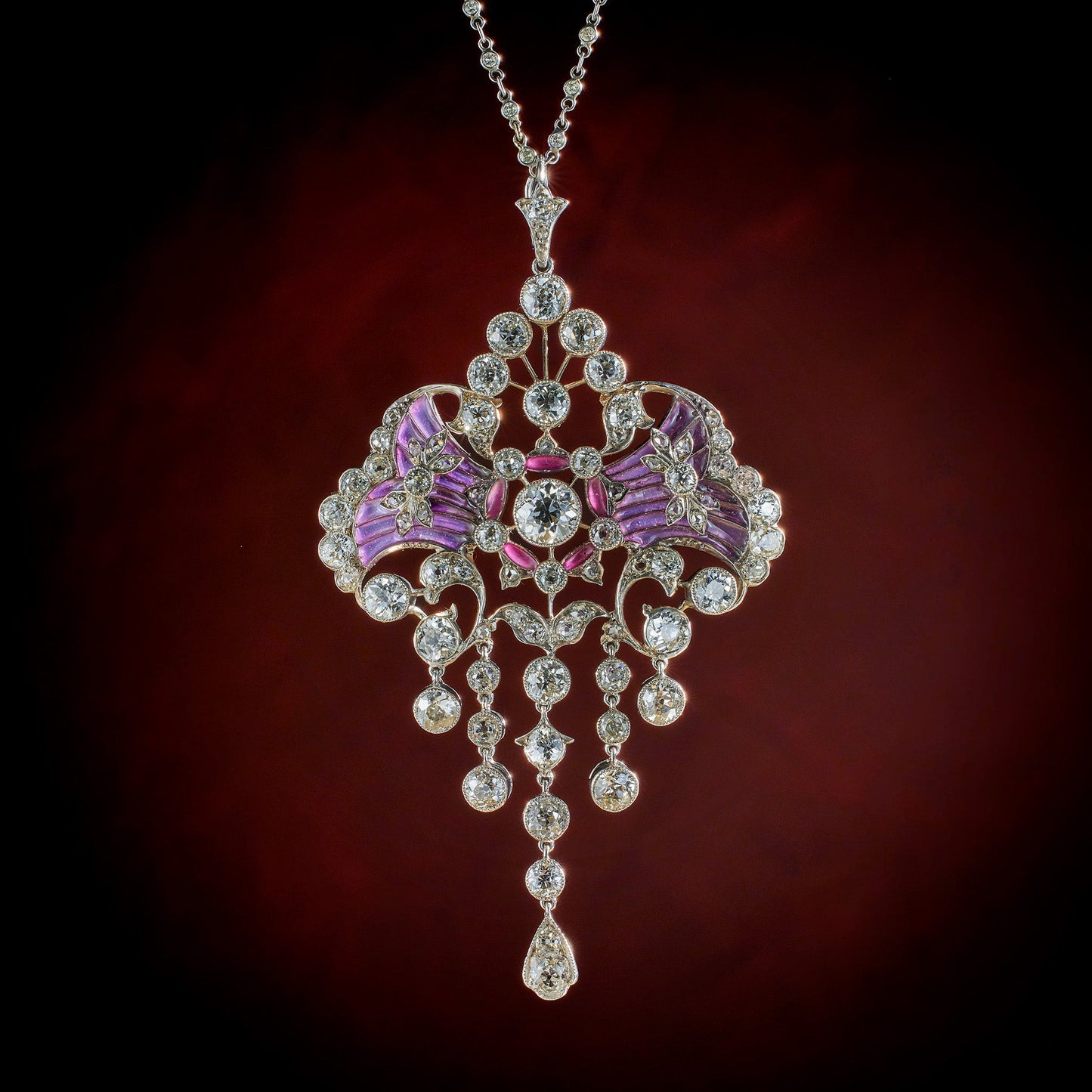 Edwardian Diamond and Plique-à-jour Enamel Pendant Necklace