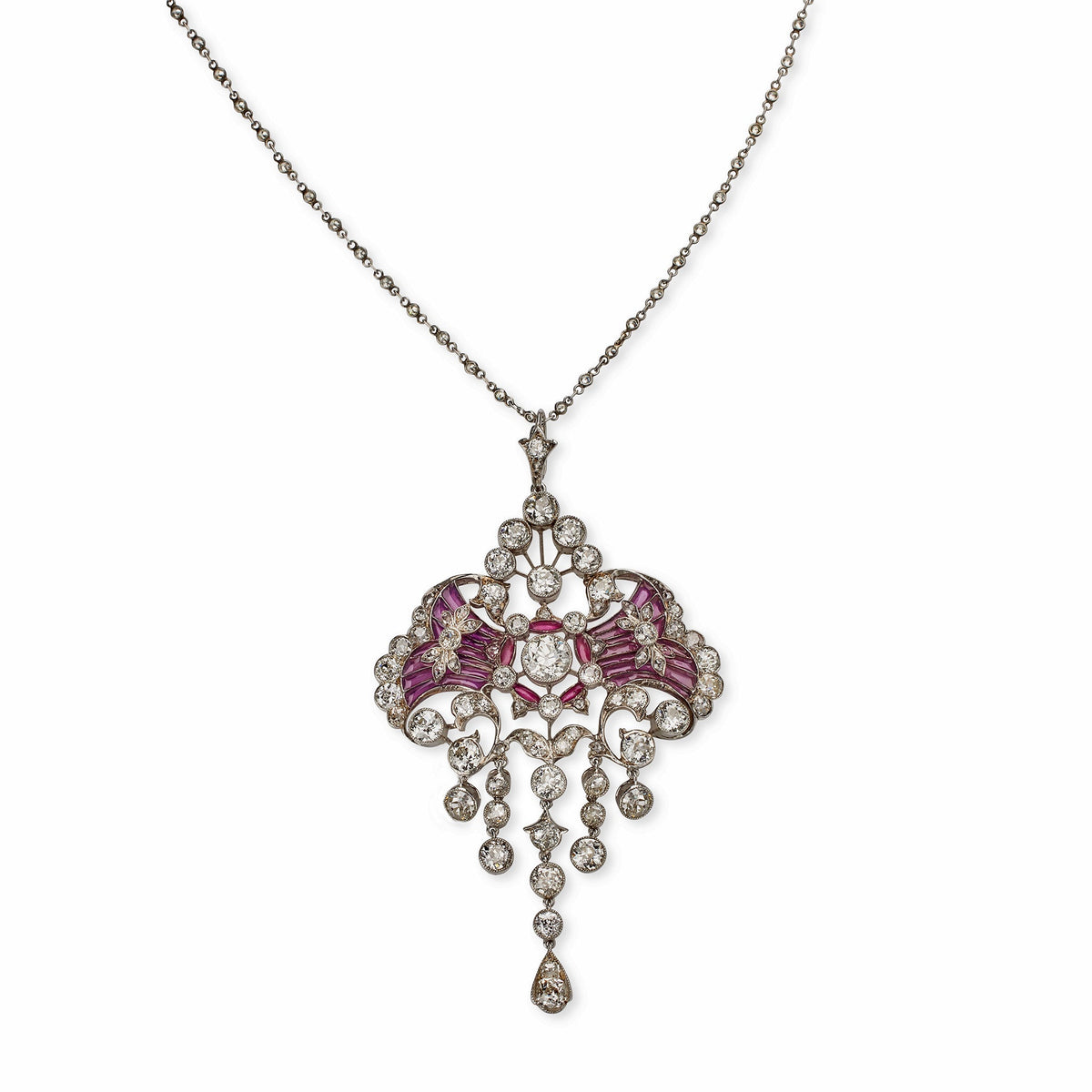 Edwardian Diamond and Plique-à-jour Enamel Pendant Necklace