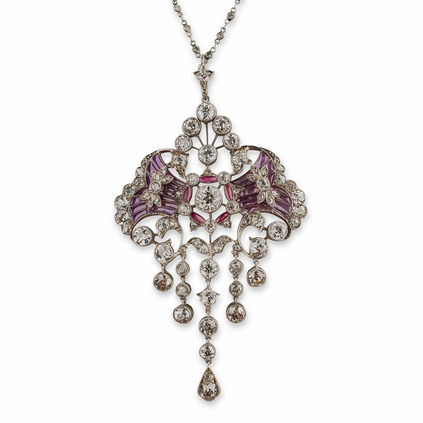 Edwardian Diamond and Plique-à-jour Enamel Pendant Necklace