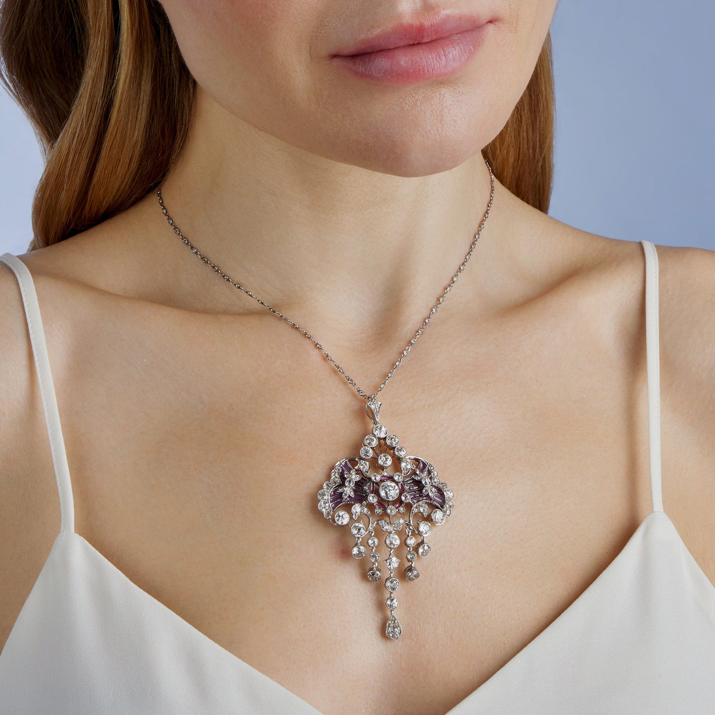 Edwardian Diamond and Plique-à-jour Enamel Pendant Necklace