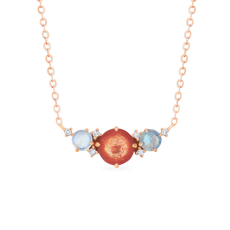 [Celestine] Galaxy Trio Three Stone Necklace in Sunstone, Moonstone, and Labradorite