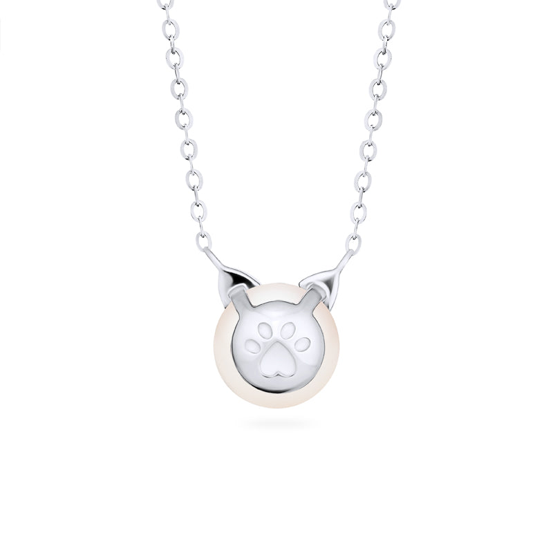[Snow] White Pearl and Diamond Cat Necklace