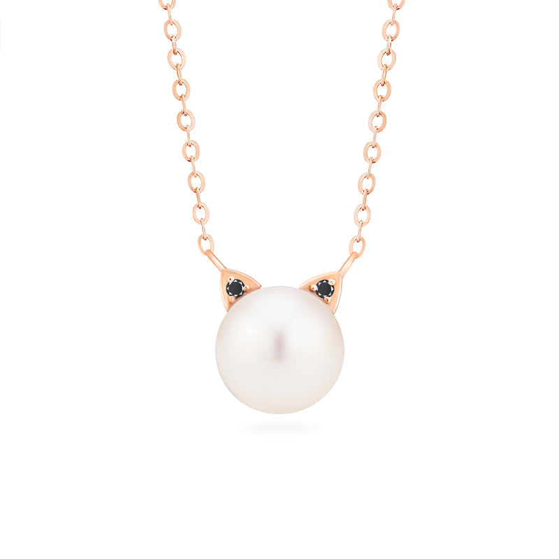 [Snow] White Pearl and Diamond Cat Necklace