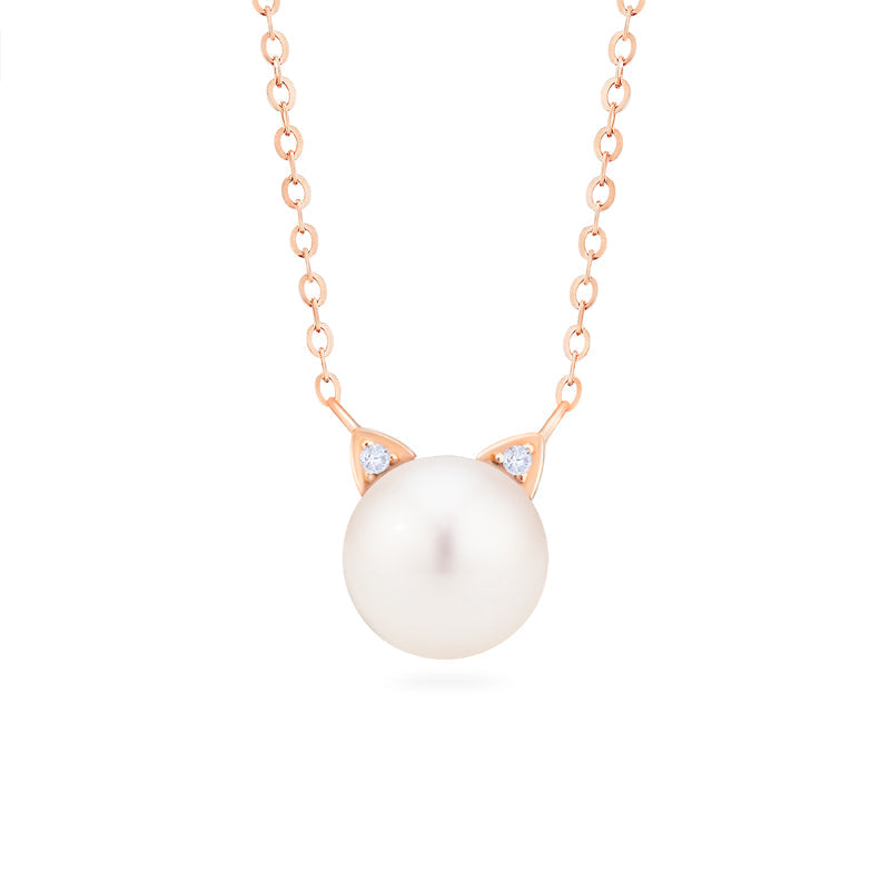 [Snow] White Pearl and Diamond Cat Necklace