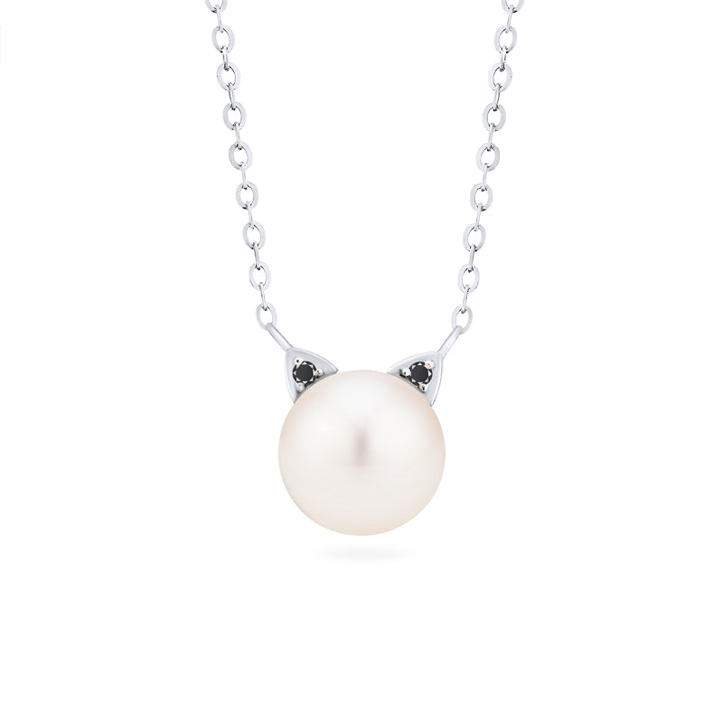 [Snow] White Pearl and Diamond Cat Necklace