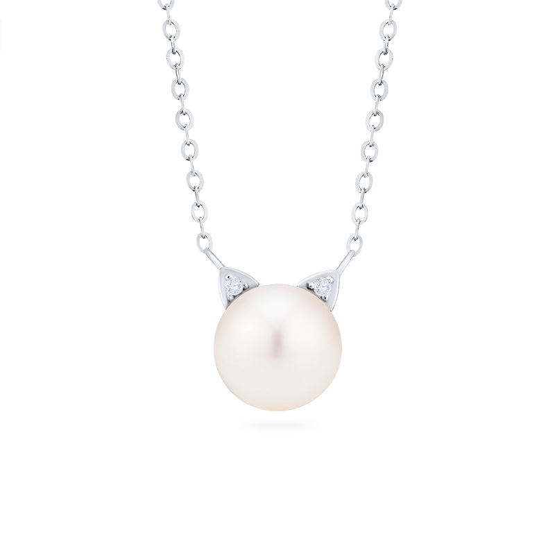 [Snow] White Pearl and Diamond Cat Necklace