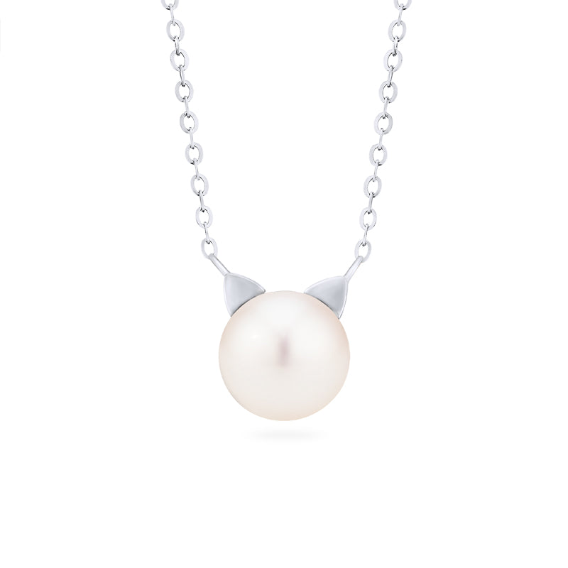 [Snow] White Pearl and Diamond Cat Necklace