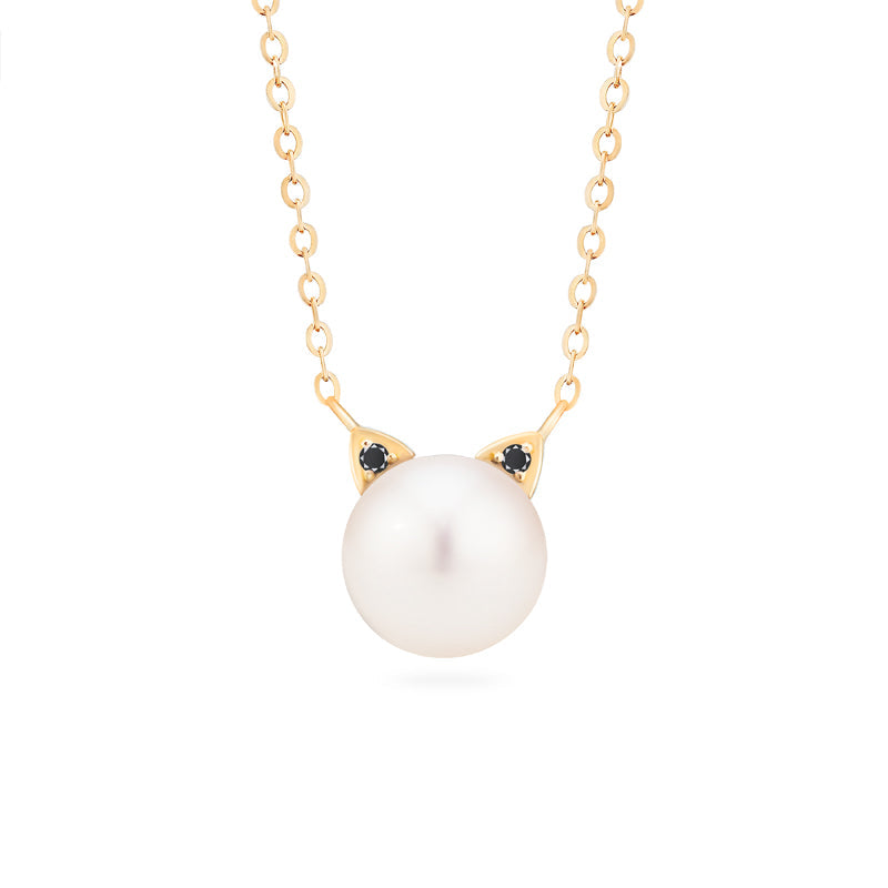 [Snow] White Pearl and Diamond Cat Necklace