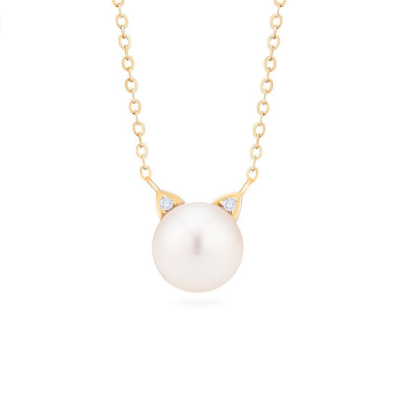 [Snow] White Pearl and Diamond Cat Necklace
