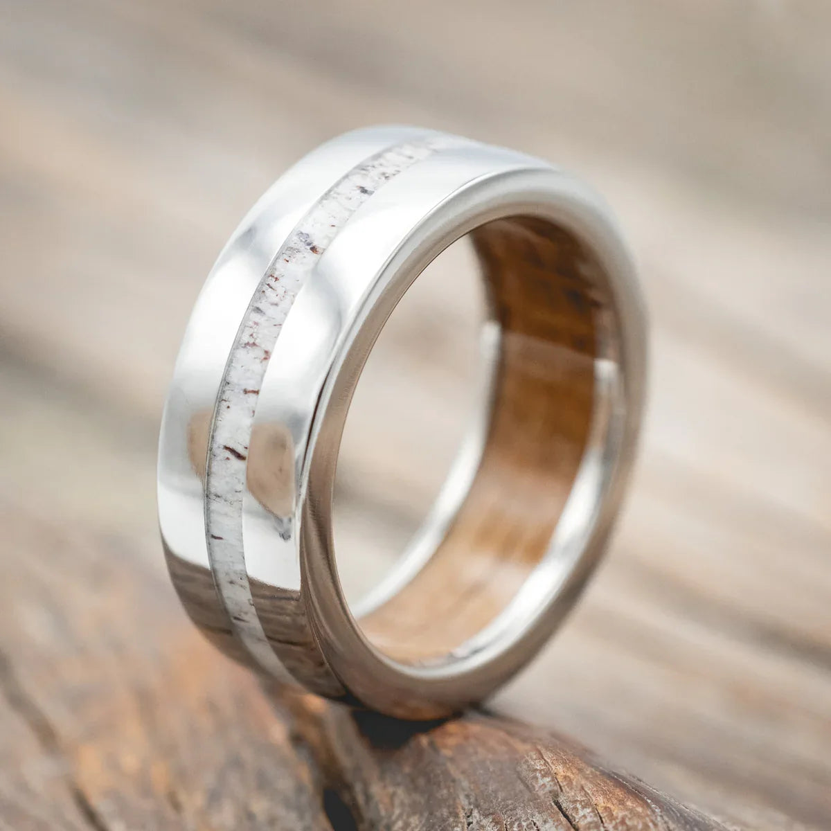 "Nirvana" - Antler Wedding Ring Featuring A Whiskey Barrel Lined Band - Titanium (8mm) - Size 10