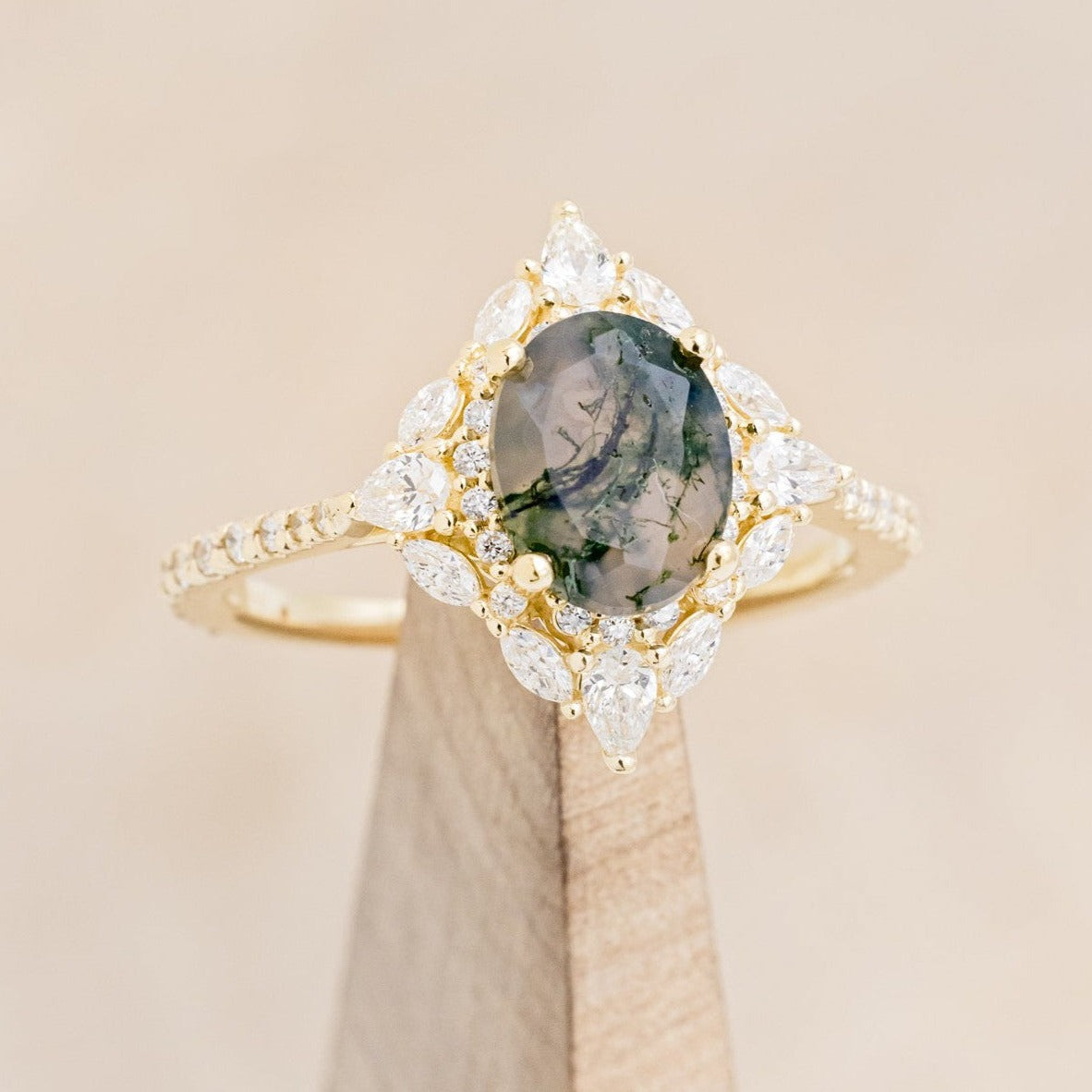 "North Star" - Oval Cut Moss Agate Engagement Ring With A Diamond Tracer