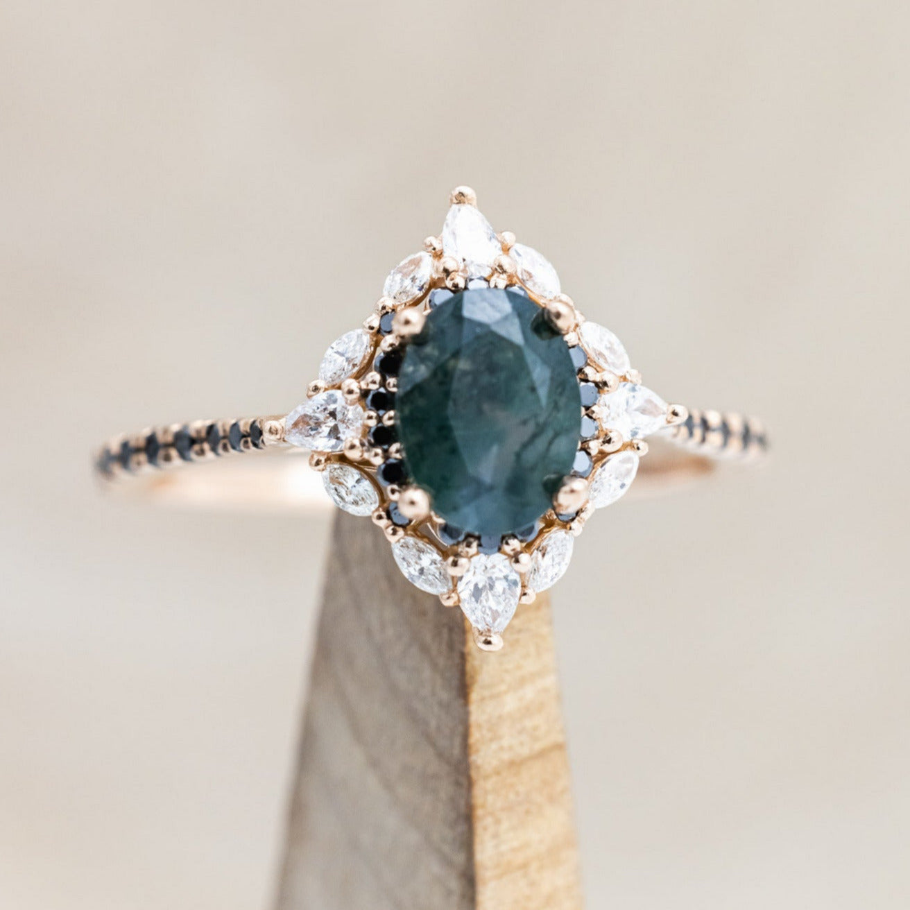 "North Star" - Oval Cut Moss Agate Engagement Ring With A Diamond Tracer