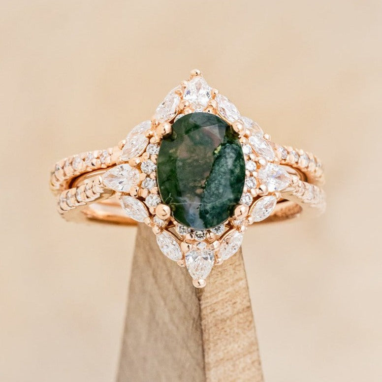 "North Star" - Oval Cut Moss Agate Engagement Ring With A Diamond Tracer