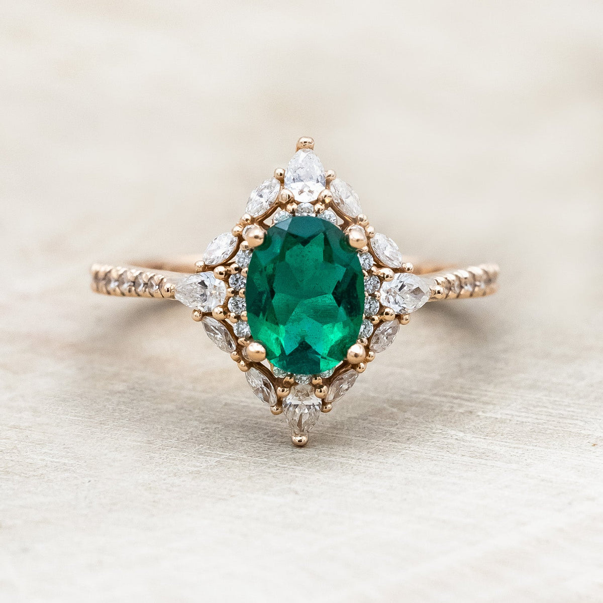 "North Star" - Oval Lab-Grown Emerald Engagement Ring With Diamond Halo & Diamond Accents