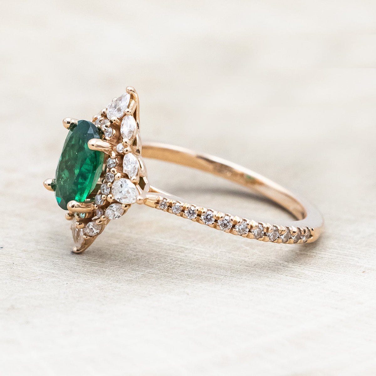 "North Star" - Oval Lab-Grown Emerald Engagement Ring With Diamond Halo & Diamond Accents