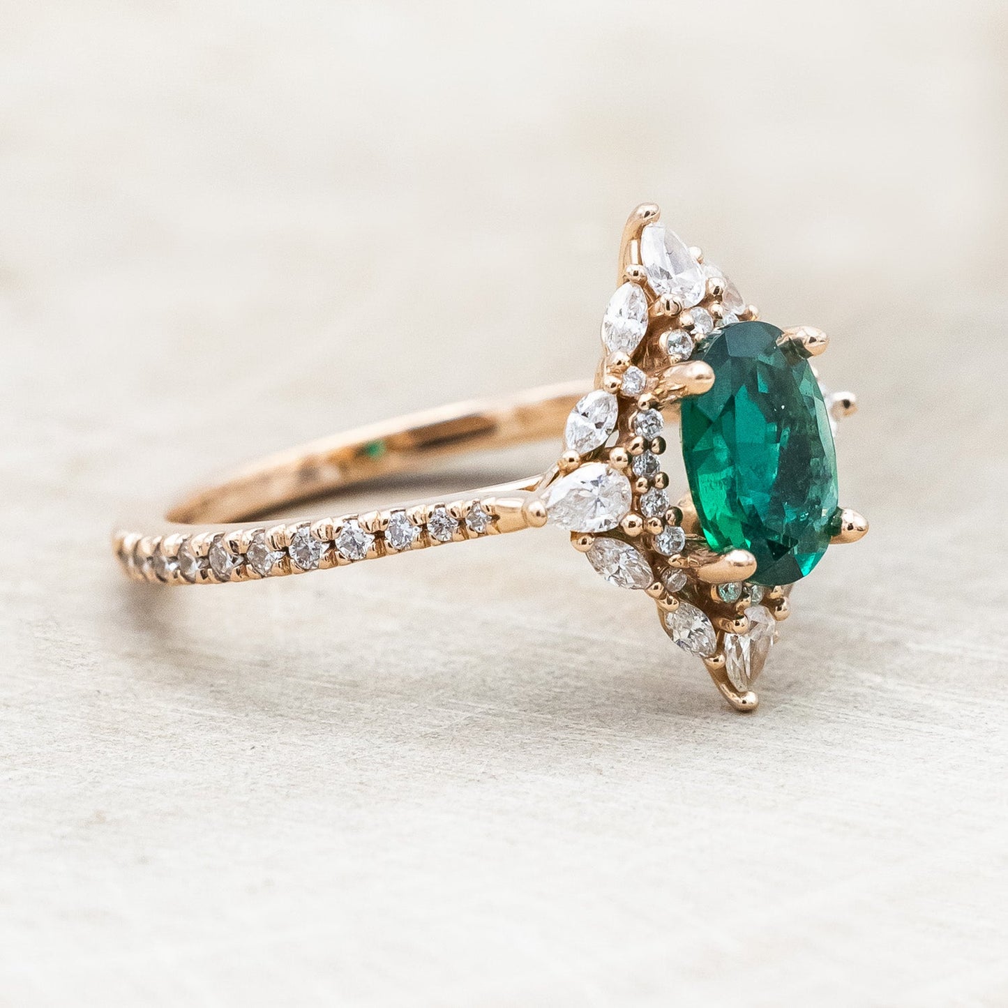 "North Star" - Oval Lab-Grown Emerald Engagement Ring With Diamond Halo & Diamond Accents